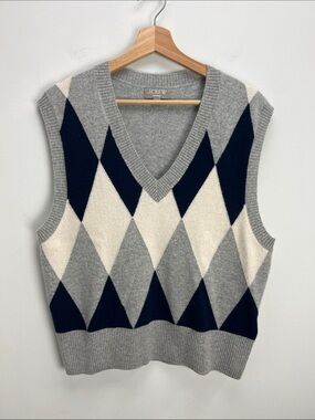 J. Crew Cashmere Argyle V Neck Sweater Vest Womens Medium Old Money Preppy